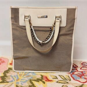 GUCCI Vintage Rare Y2K Beige Ivory Canvas & Leather Tote Bag Handheld
